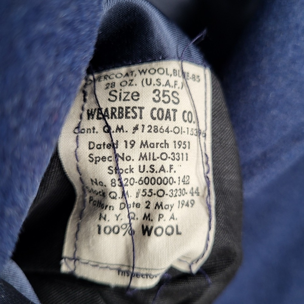 VINTAGE 1951 Wearbest Coat Co Wool Overcoat Blue 85 28oz USAF Size 35S MENS SMAL - Picture 13 of 16
